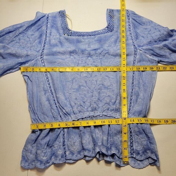 Democracy Bonnet Sleeve Square Crochet Neck Mineral Wash Peplum Woven Top - Picture 9 of 14